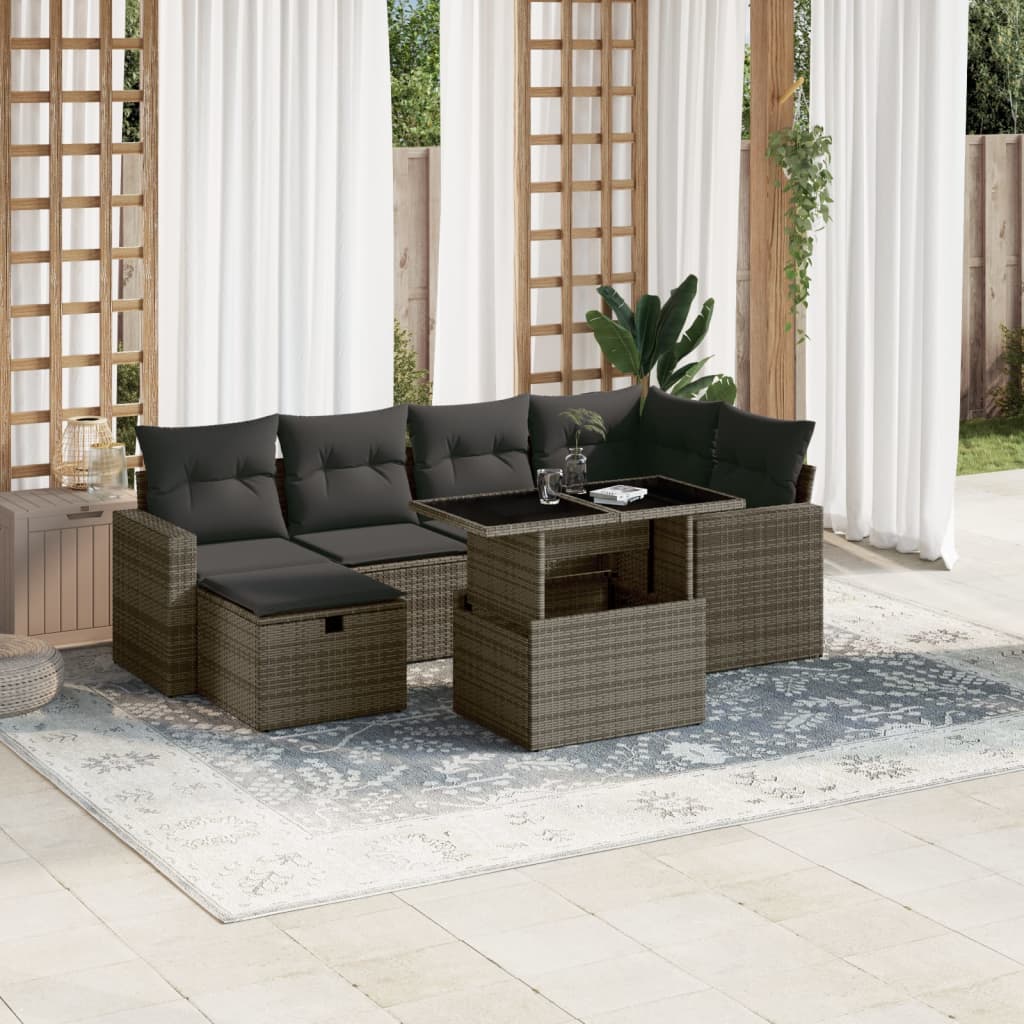 vidaXL 7-tlg. Garten-Sofagarnitur mit Kissen Grau Poly Rattan