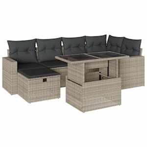 Vrtna sedežna garnitura 7-delna z blazinami siv poli ratan - slika 2