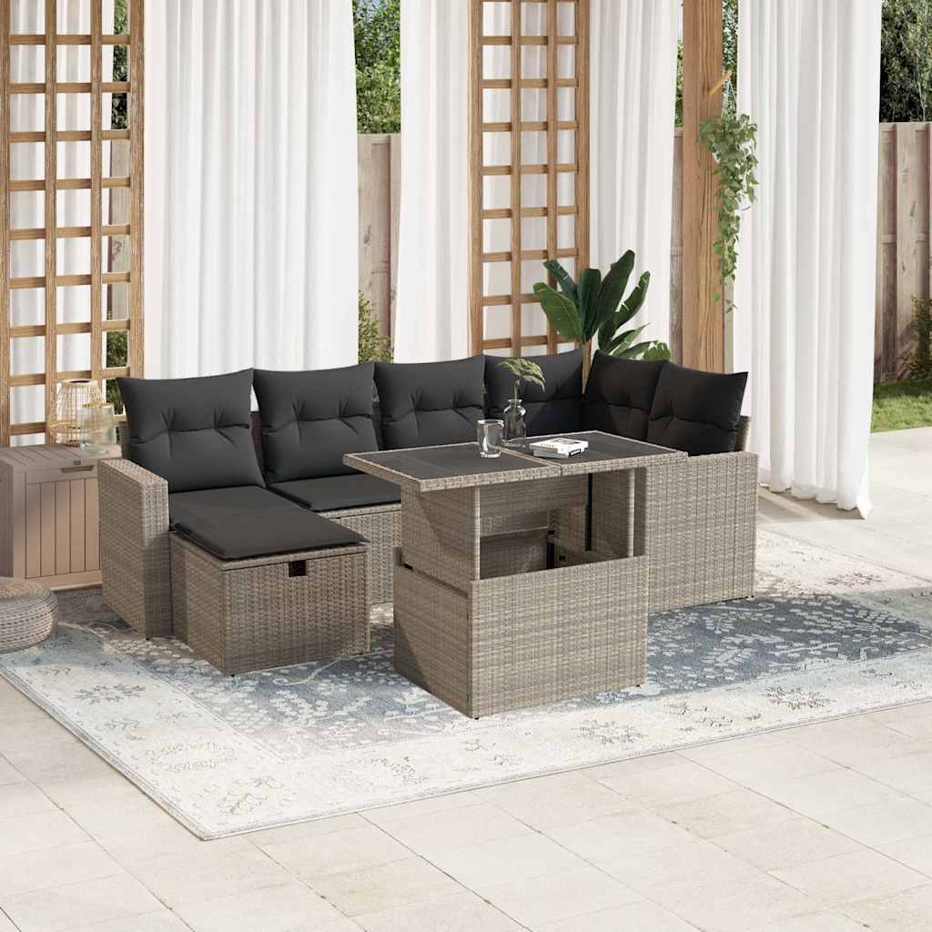 vidaXL 7-tlg. Garten-Sofagarnitur mit Kissen Hellgrau Poly Rattan