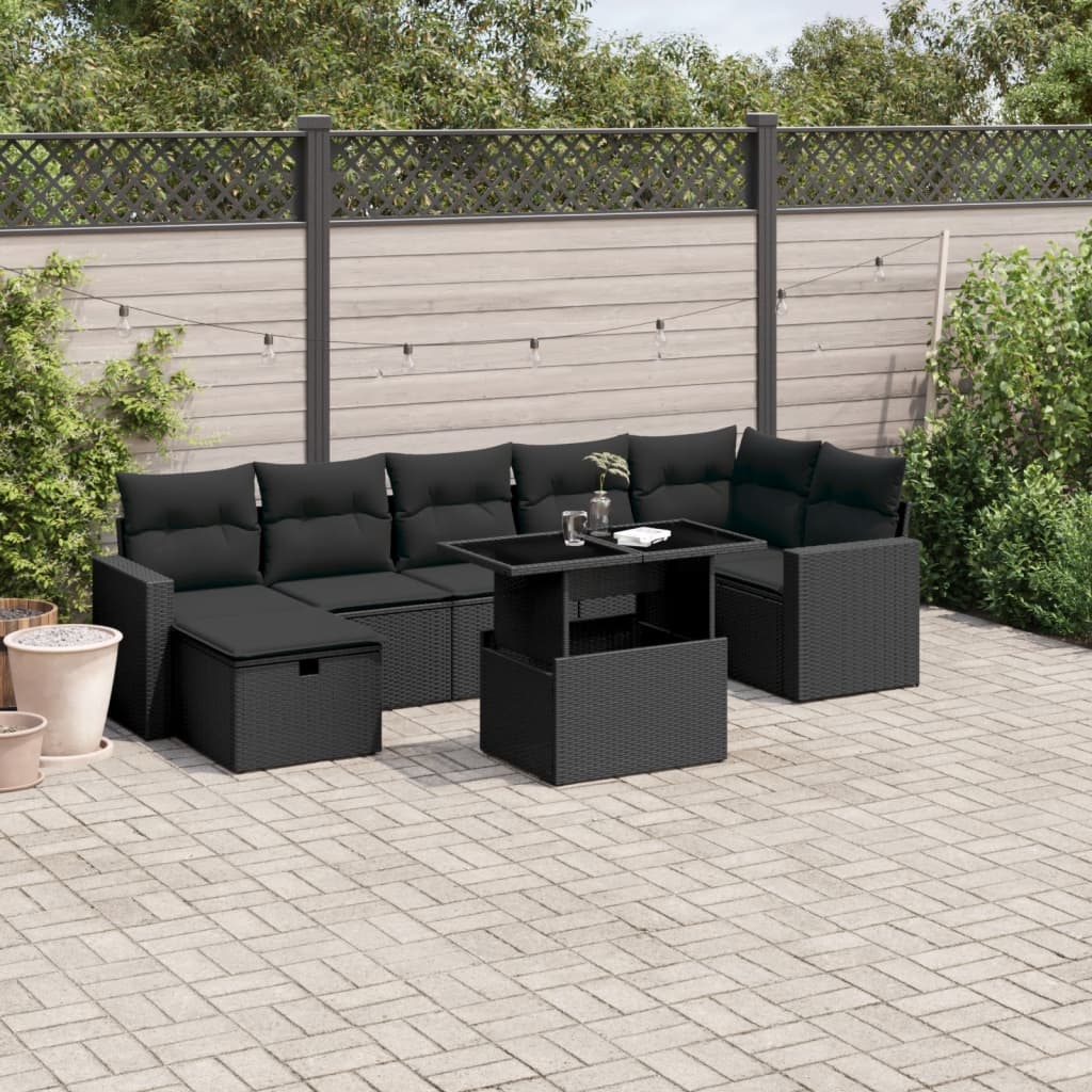 vidaXL 8-tlg. Garten-Sofagarnitur mit Kissen Schwarz Poly Rattan