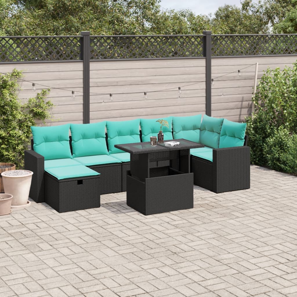 vidaXL 8-teiliges Gartensofa-Set mit Kissen, schwarzes Polyrattan