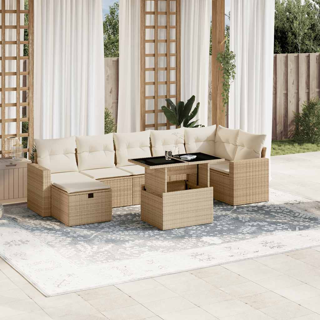 vidaXL 8-tlg. Garten-Sofagarnitur mit Kissen Beige Poly Rattan