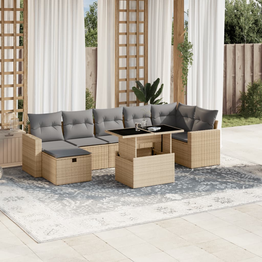 vidaXL 8-tlg. Garten-Sofagarnitur mit Kissen Beige Poly Rattan