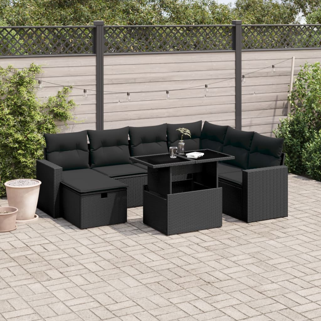 vidaXL 8-tlg. Garten-Sofagarnitur mit Kissen Schwarz Poly Rattan