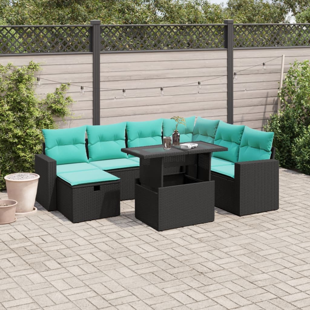 vidaXL 8-teiliges Gartensofa-Set mit Kissen, schwarzes Polyrattan