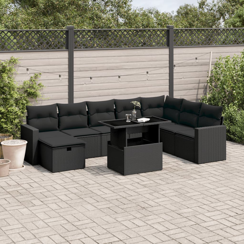 vidaXL 9-tlg. Garten-Sofagarnitur mit Kissen Schwarz Poly Rattan