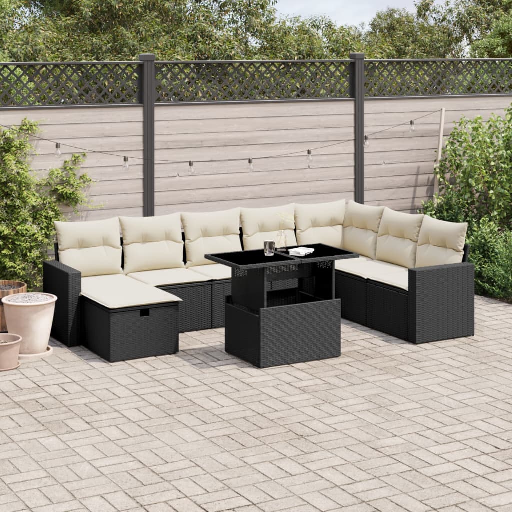 vidaXL 9-tlg. Garten-Sofagarnitur mit Kissen Schwarz Poly Rattan