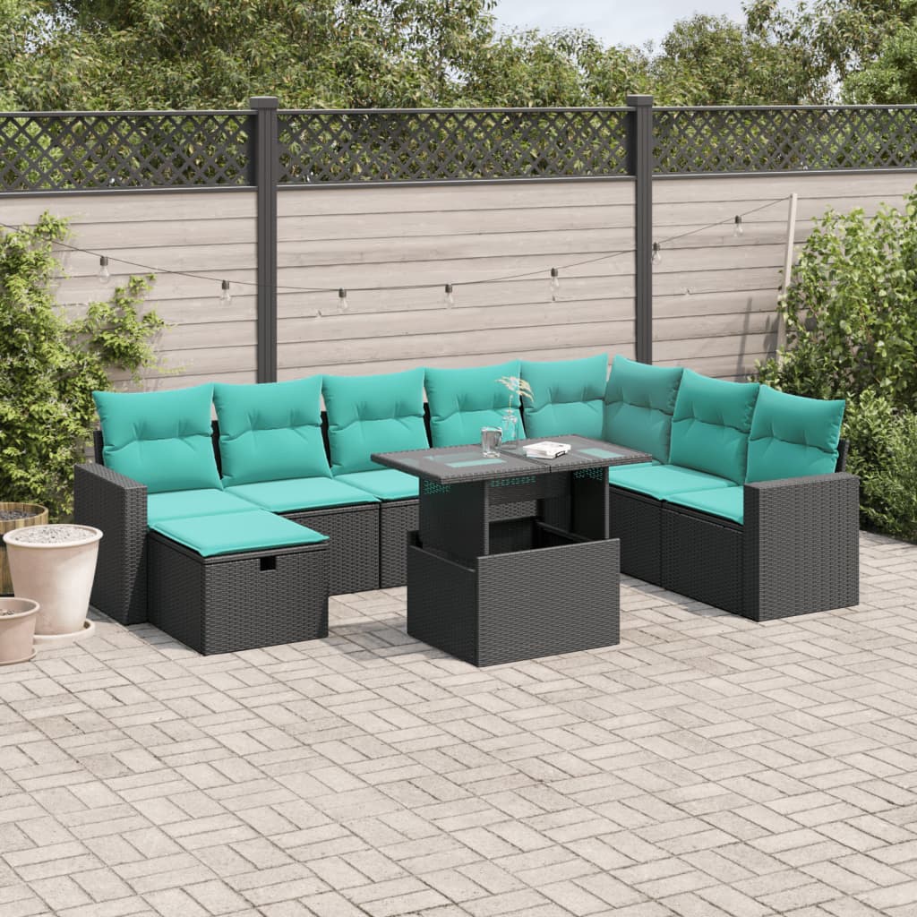 9 Piece Patio Sofa Set with Cushions Black Poly Rattan