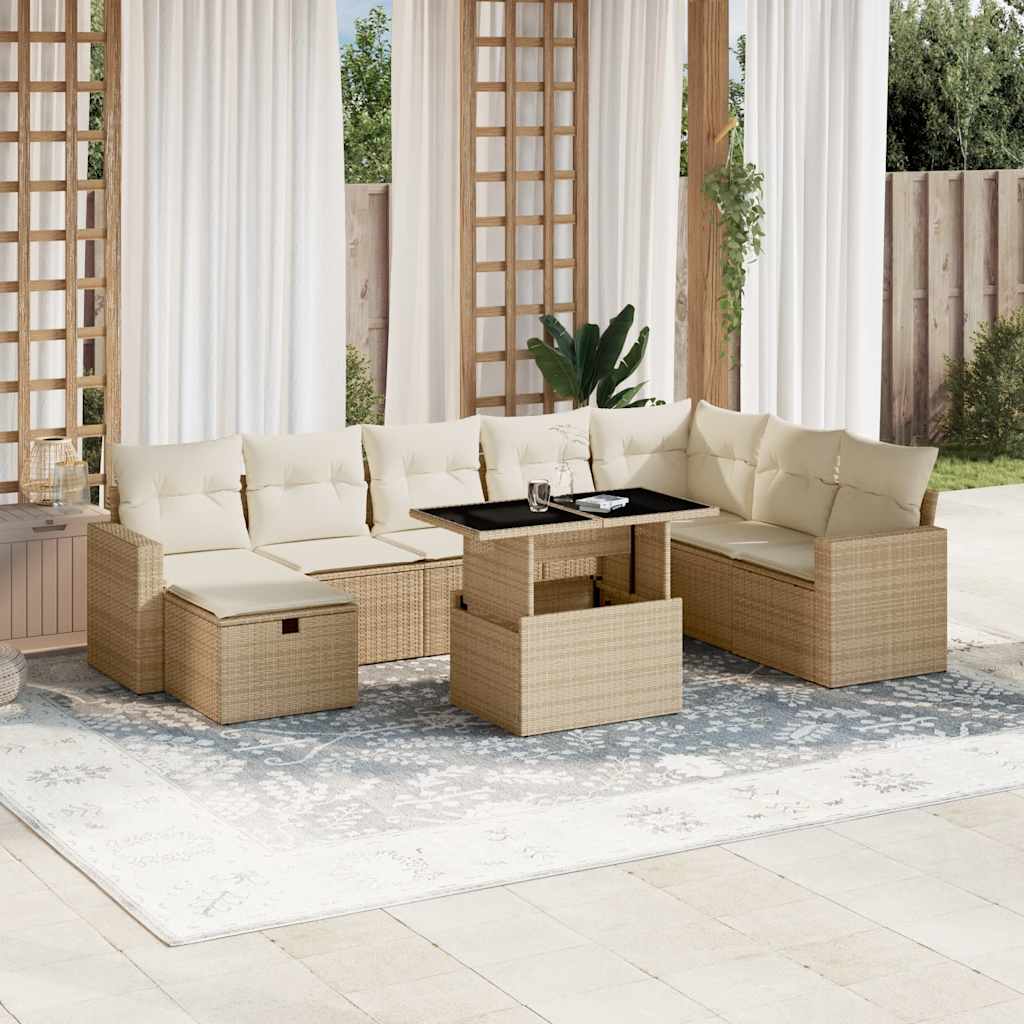 vidaXL 9-tlg. Garten-Sofagarnitur mit Kissen Beige Poly Rattan