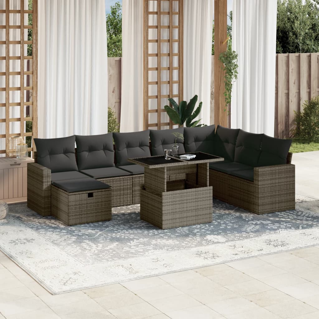 vidaXL 9-tlg. Garten-Sofagarnitur mit Kissen Grau Poly Rattan