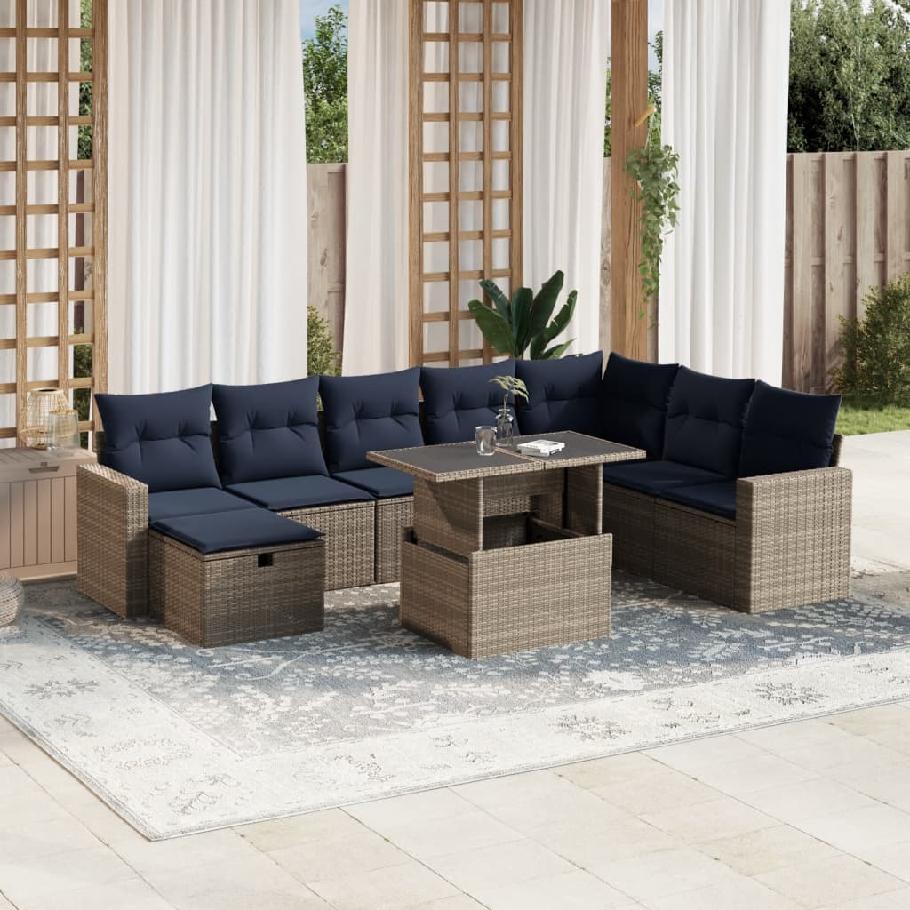 vidaXL 9-teiliges Gartensofa-Set mit Kissen, grau, Polyrattan