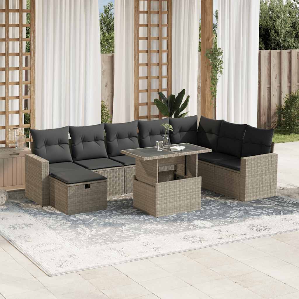 vidaXL 9-tlg. Garten-Sofagarnitur mit Kissen Hellgrau Poly Rattan