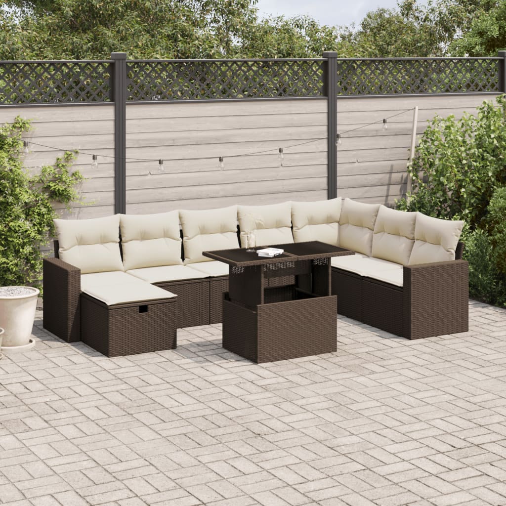 vidaXL 9-tlg. Garten-Sofagarnitur mit Kissen Braun Poly Rattan