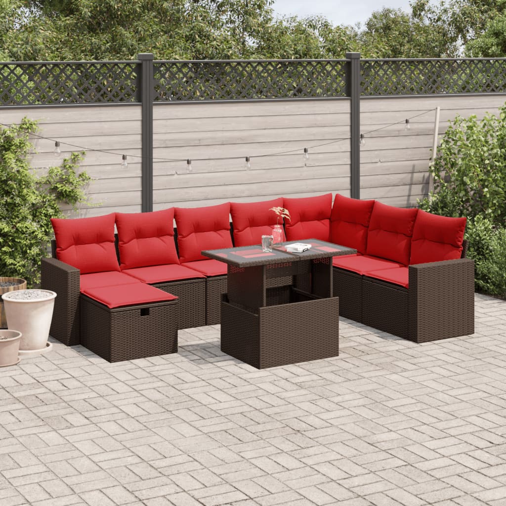 vidaXL 9-teiliges Gartensofa-Set mit Kissen, braun, Polyrattan