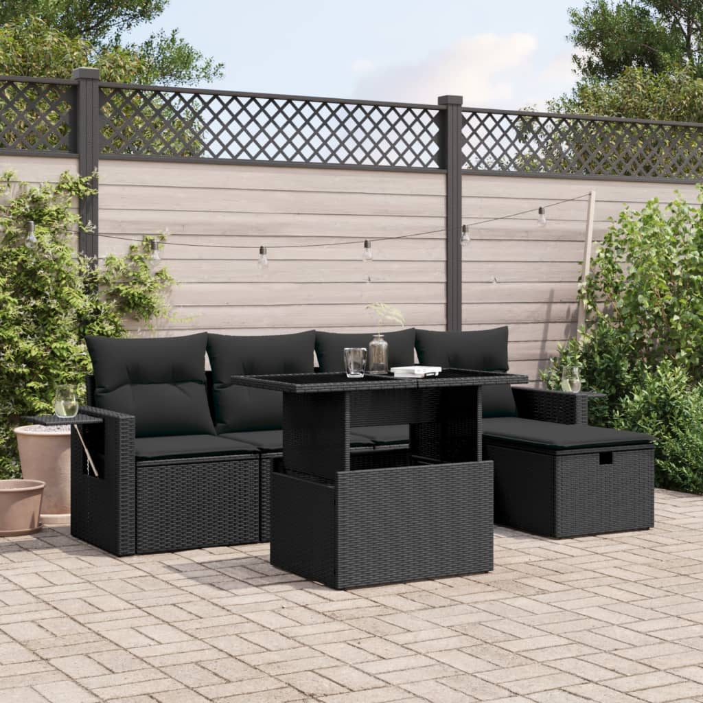 vidaXL 6-tlg. Garten-Sofagarnitur mit Kissen Schwarz Poly Rattan