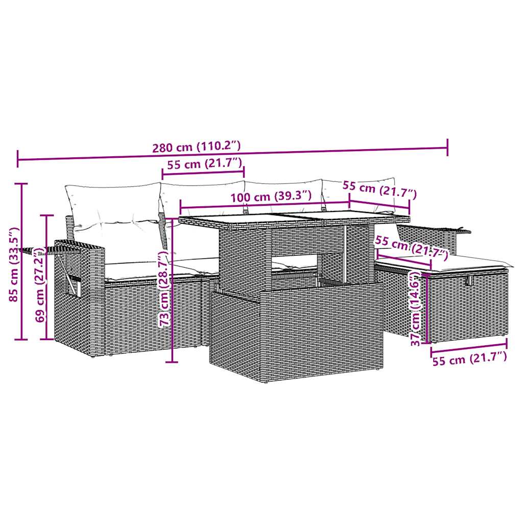vidaXL 6-teiliges Gartensofa-Set mit Kissen, schwarzes Polyrattan – Bild 13