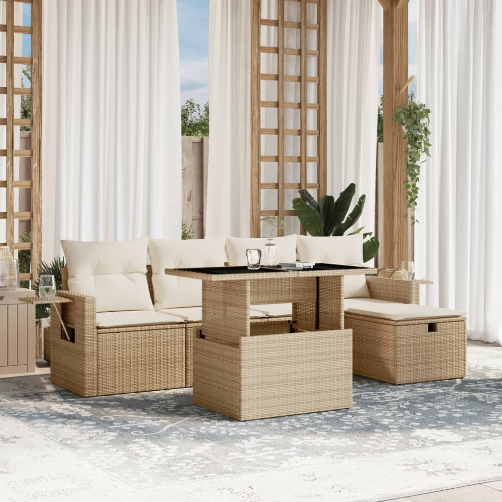 vidaXL 6-tlg. Garten-Sofagarnitur mit Kissen Beige Poly Rattan