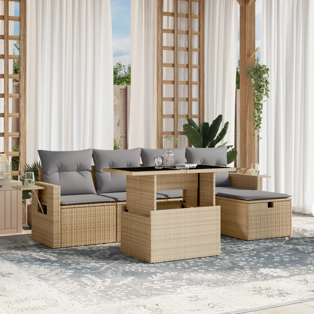 6-tlg. Garten-Sofagarnitur mit Kissen Beige Poly Rattan