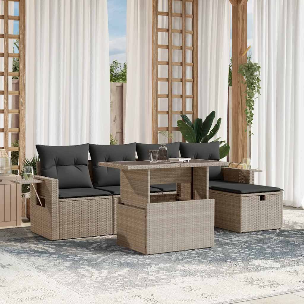 vidaXL 6-tlg. Garten-Sofagarnitur mit Kissen Hellgrau Poly Rattan