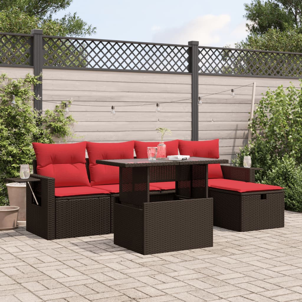 6 Piece Patio Sofa Set with Cushions Brown Poly Rattan