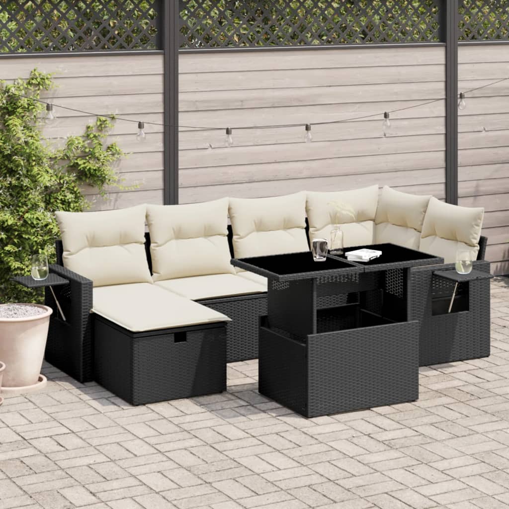 vidaXL 7-tlg. Garten-Sofagarnitur mit Kissen Schwarz Poly Rattan