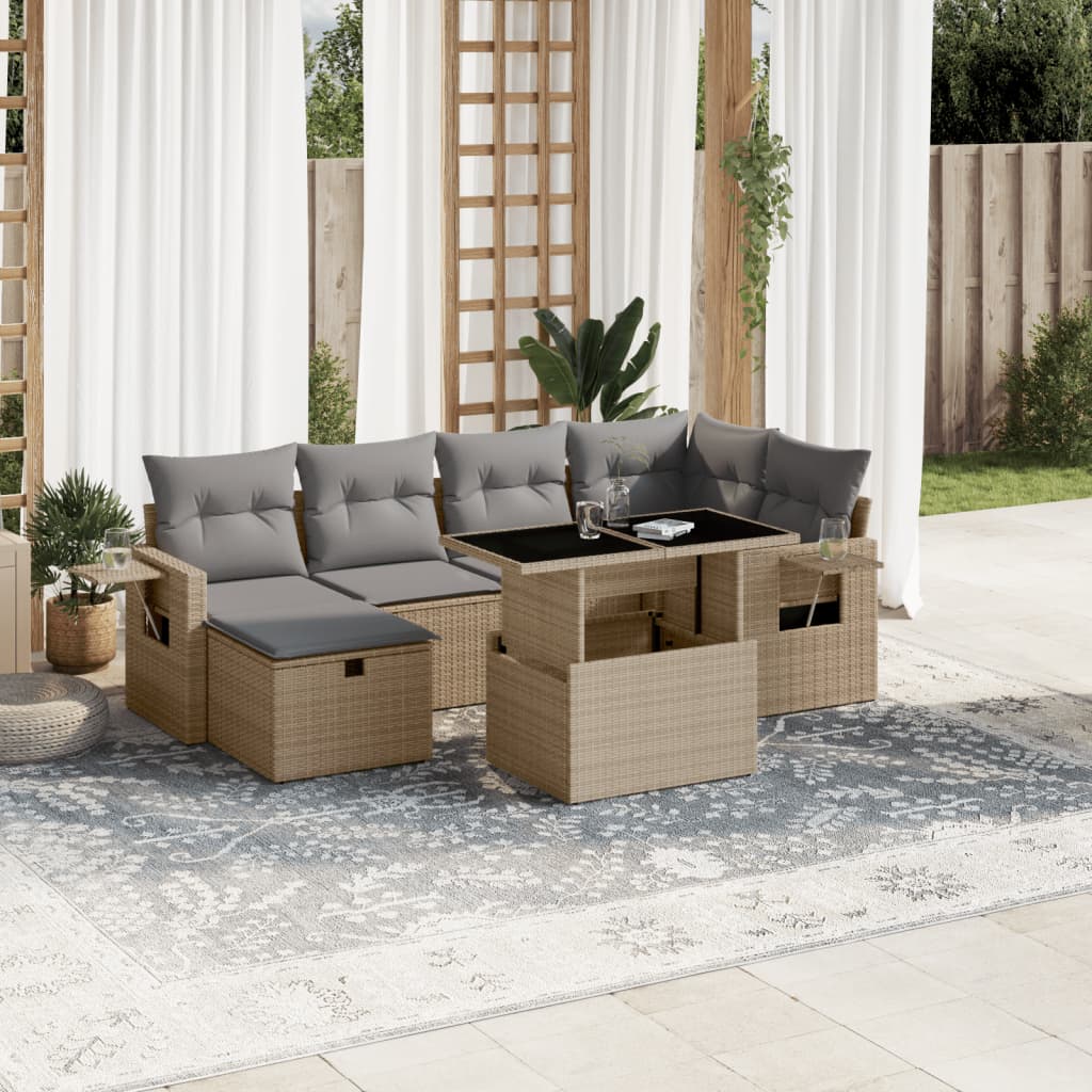 vidaXL 7-tlg. Garten-Sofagarnitur mit Kissen Beige Poly Rattan