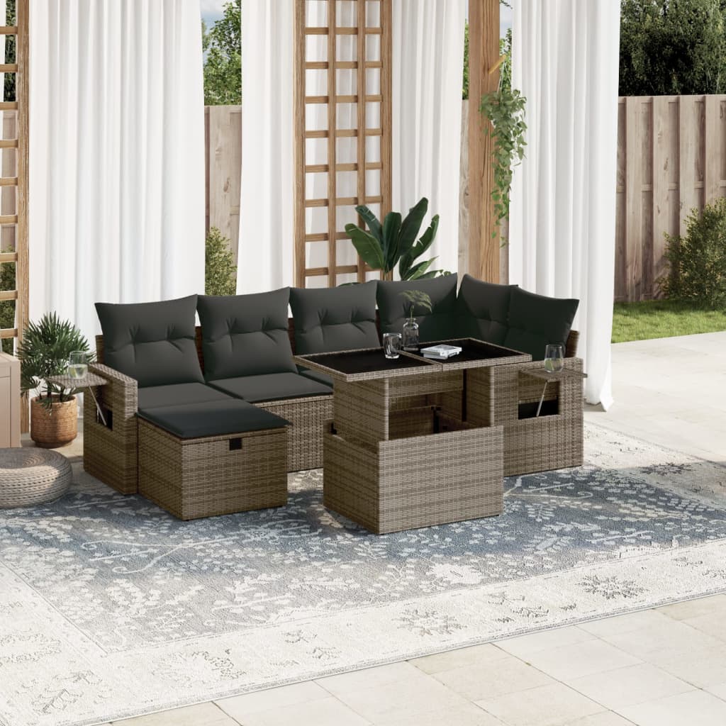 vidaXL 7-tlg. Garten-Sofagarnitur mit Kissen Grau Poly Rattan