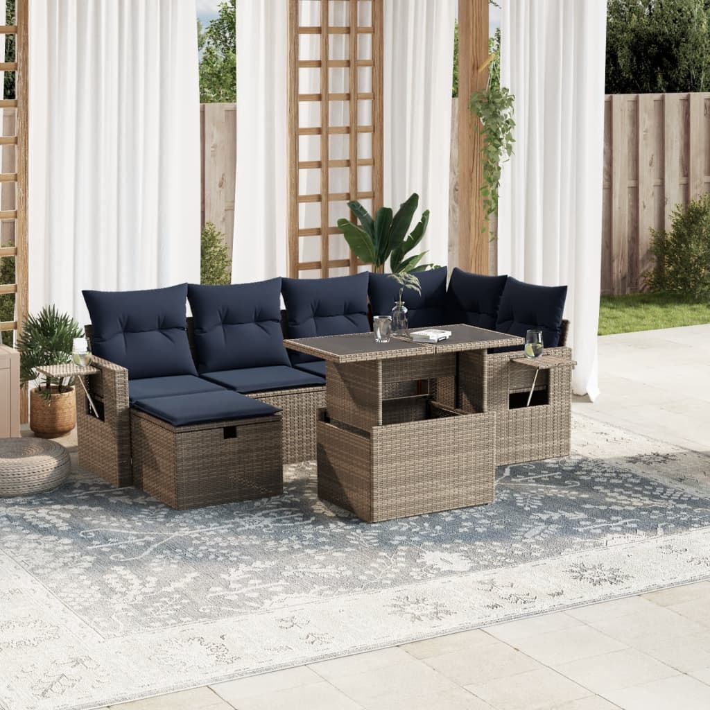 7 Piece Patio Sofa Set with Cushions Gray Poly Rattan