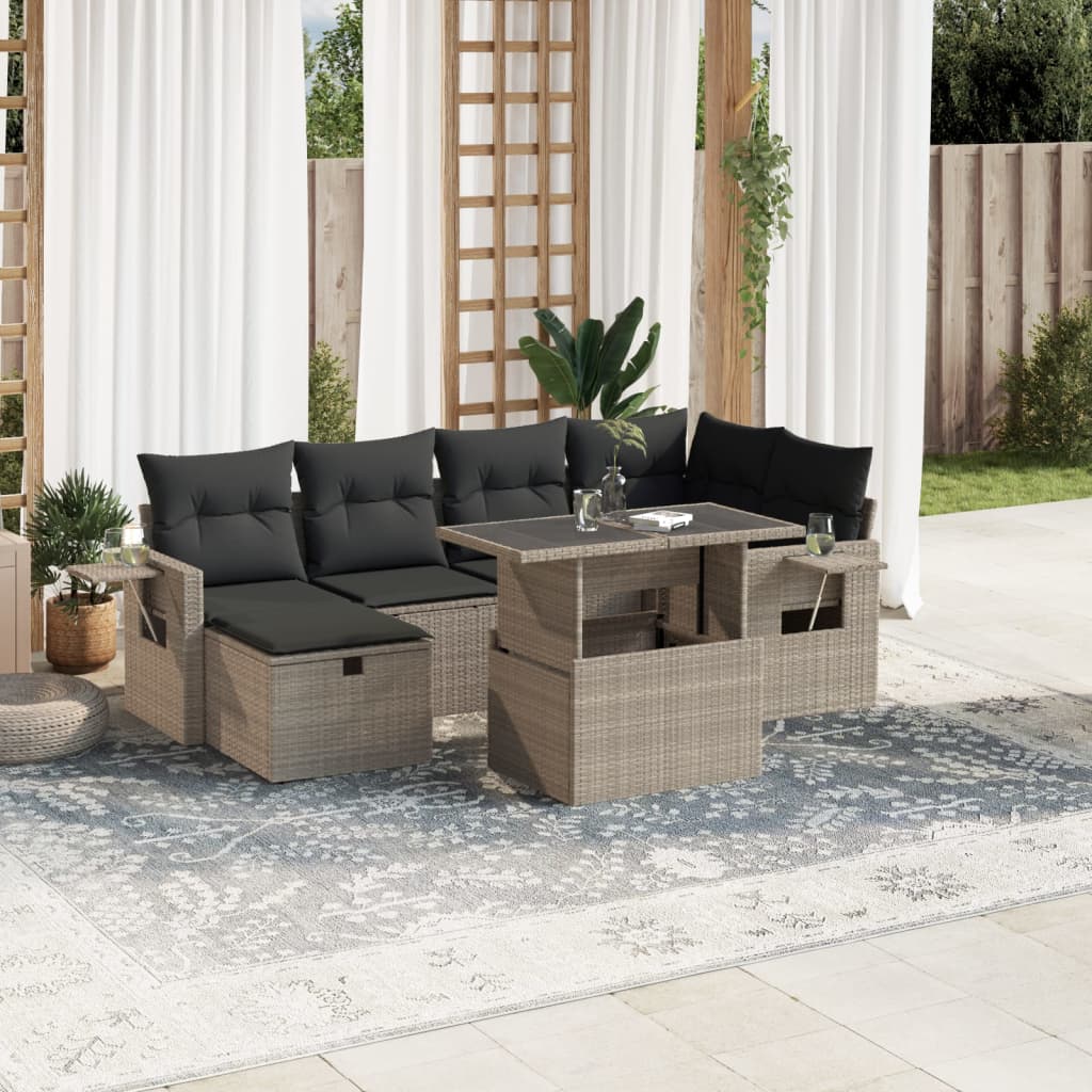 7-tlg. Garten-Sofagarnitur mit Kissen Hellgrau Poly Rattan