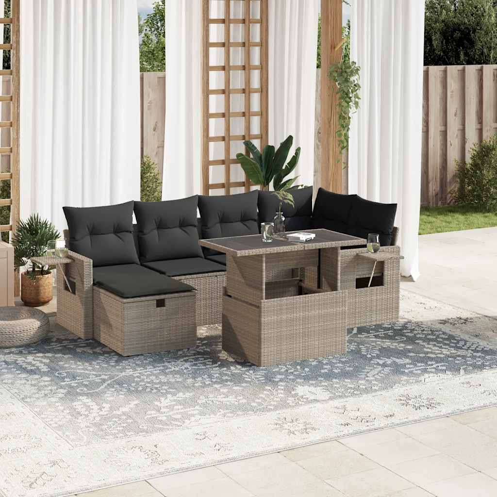 vidaXL 7-tlg. Garten-Sofagarnitur mit Kissen Hellgrau Poly Rattan