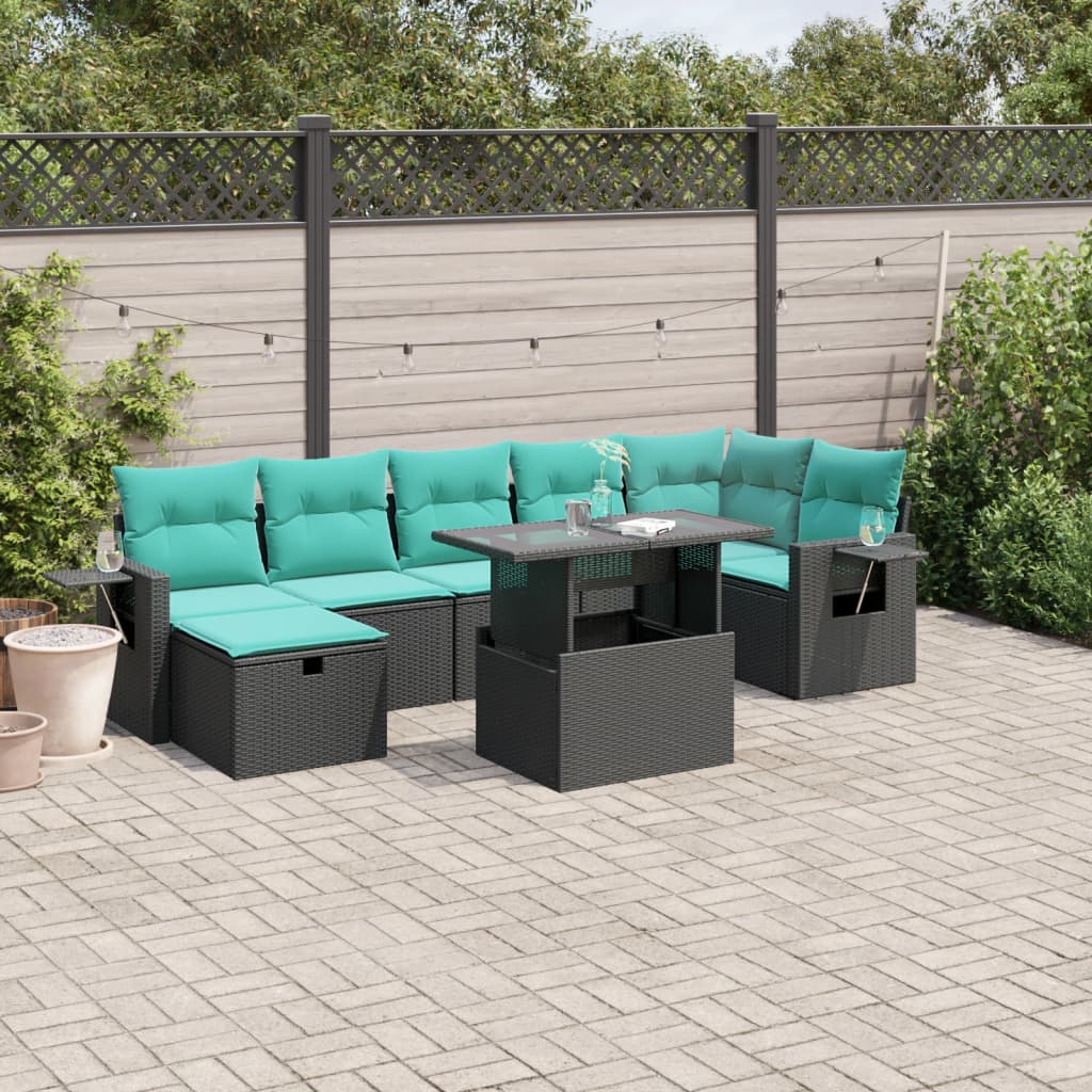 vidaXL 8-teiliges Gartensofa-Set mit Kissen, schwarzes Polyrattan