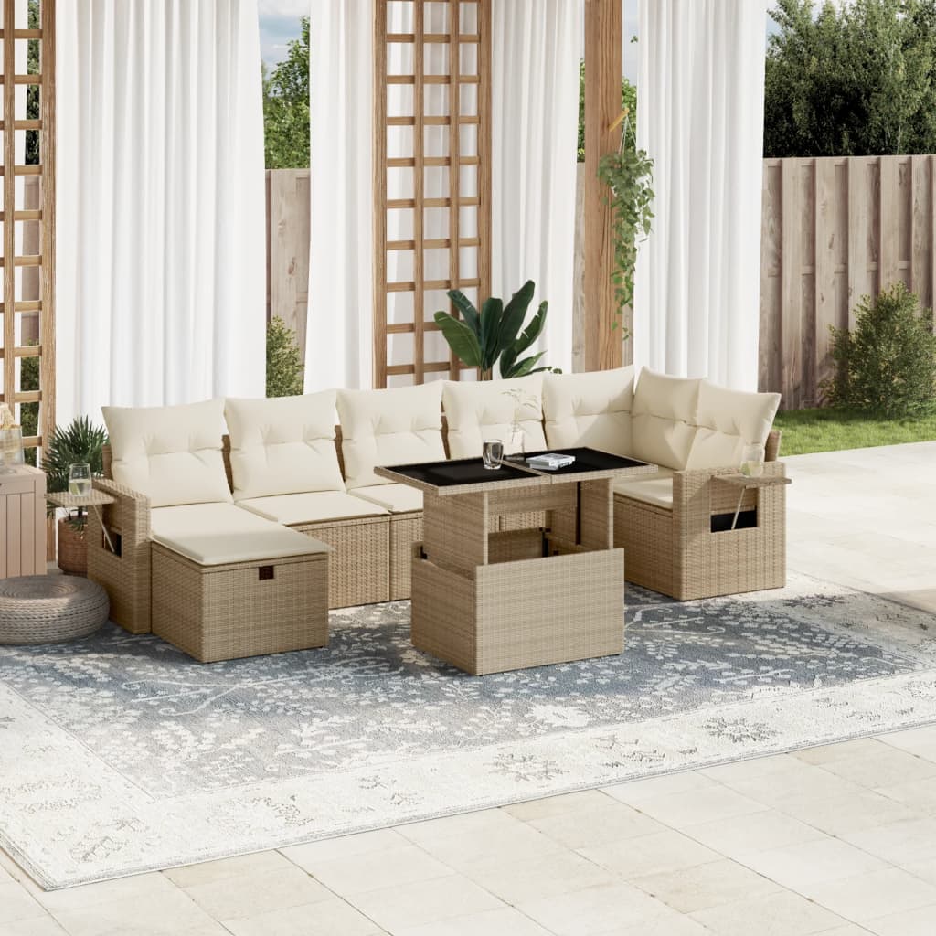 vidaXL 8-tlg. Garten-Sofagarnitur mit Kissen Beige Poly Rattan