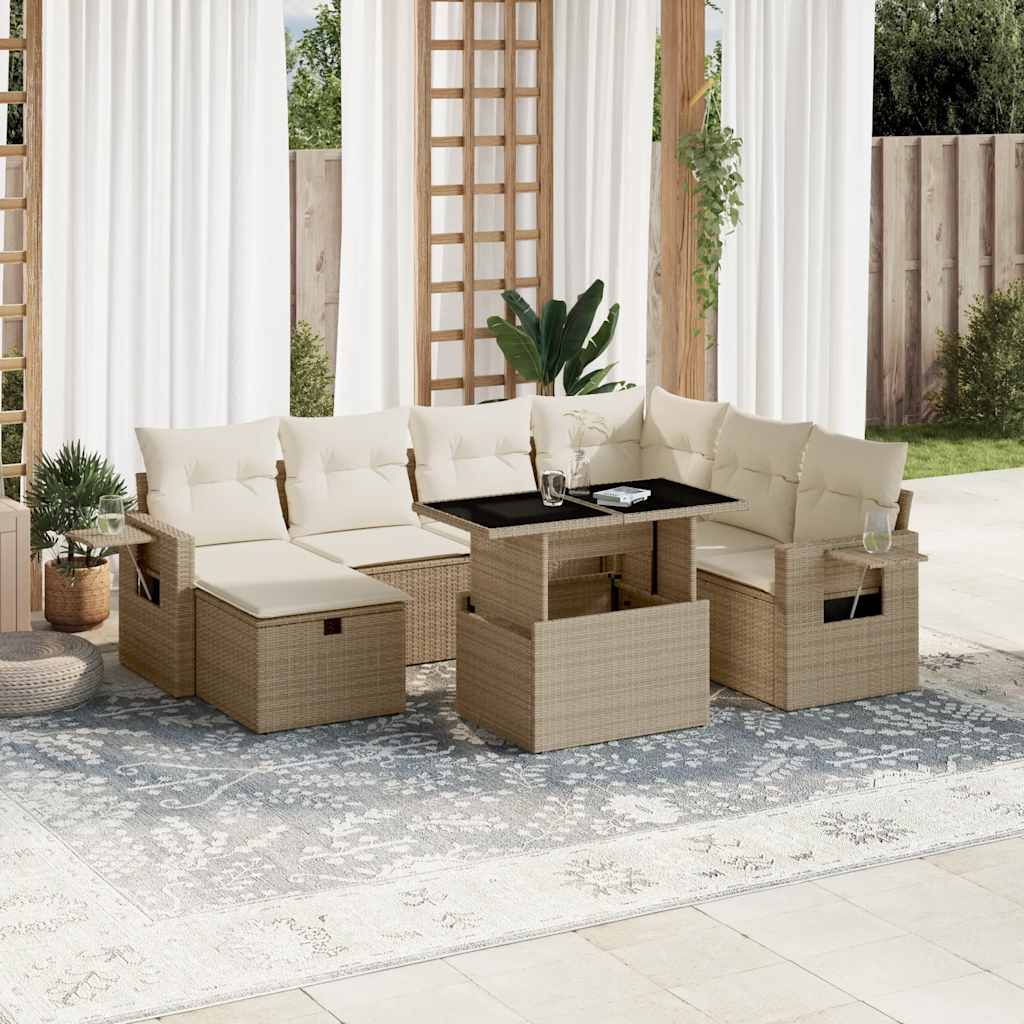 vidaXL 8-tlg. Garten-Sofagarnitur mit Kissen Beige Poly Rattan