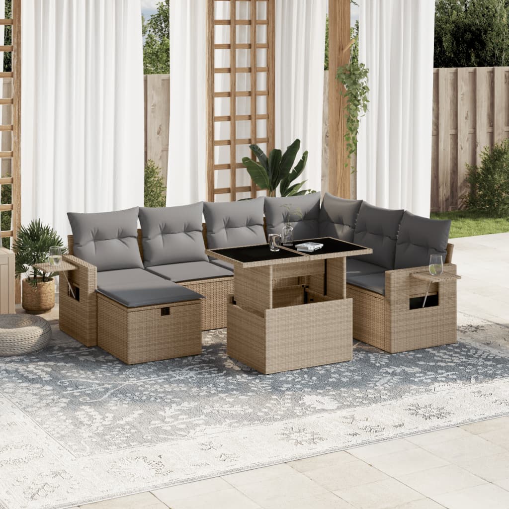 vidaXL 8-tlg. Garten-Sofagarnitur mit Kissen Beige Poly Rattan