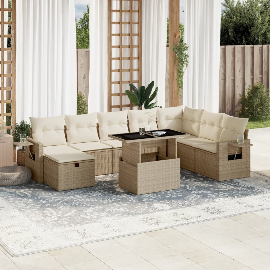 vidaXL 9-tlg. Garten-Sofagarnitur mit Kissen Beige Poly Rattan