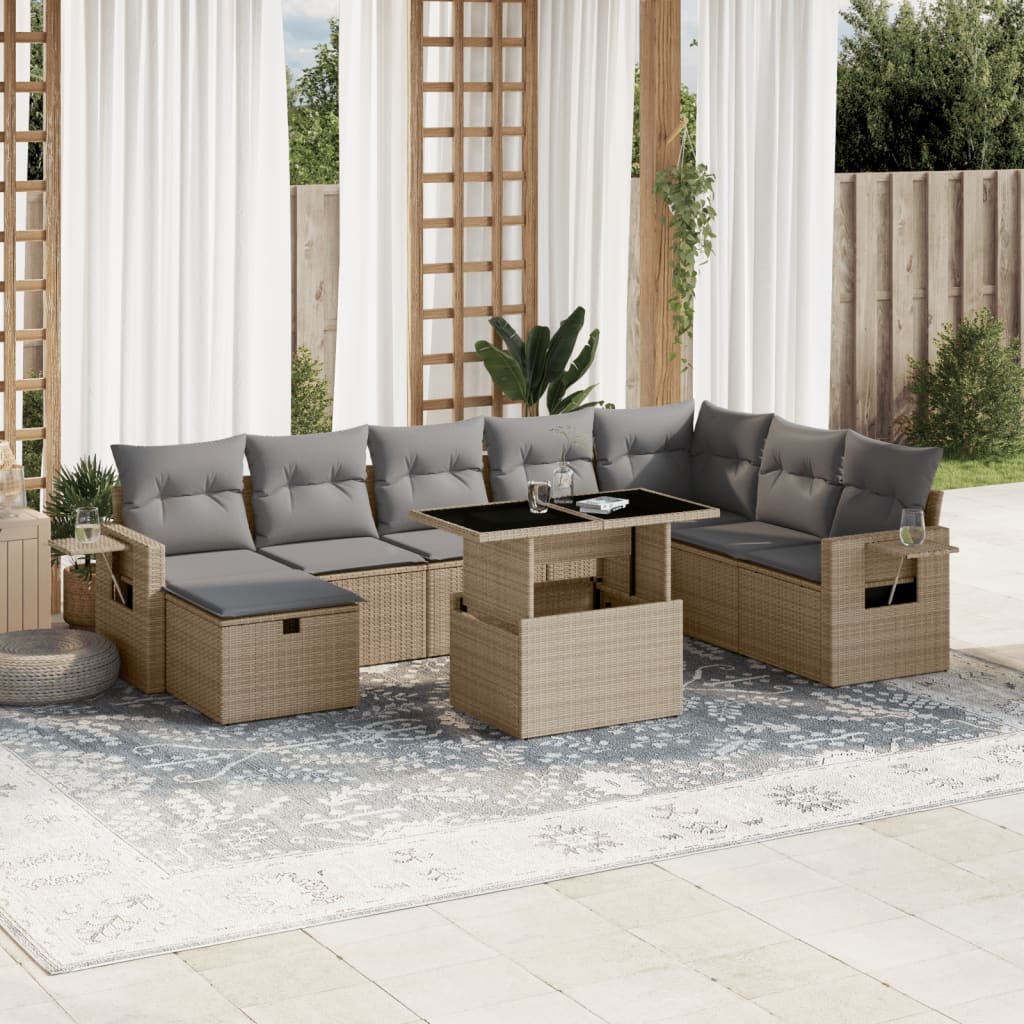 vidaXL 9-tlg. Garten-Sofagarnitur mit Kissen Beige Poly Rattan