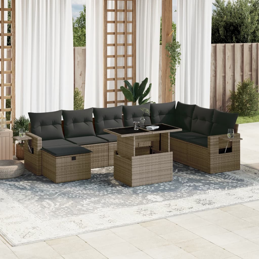 vidaXL 9-tlg. Garten-Sofagarnitur mit Kissen Grau Poly Rattan