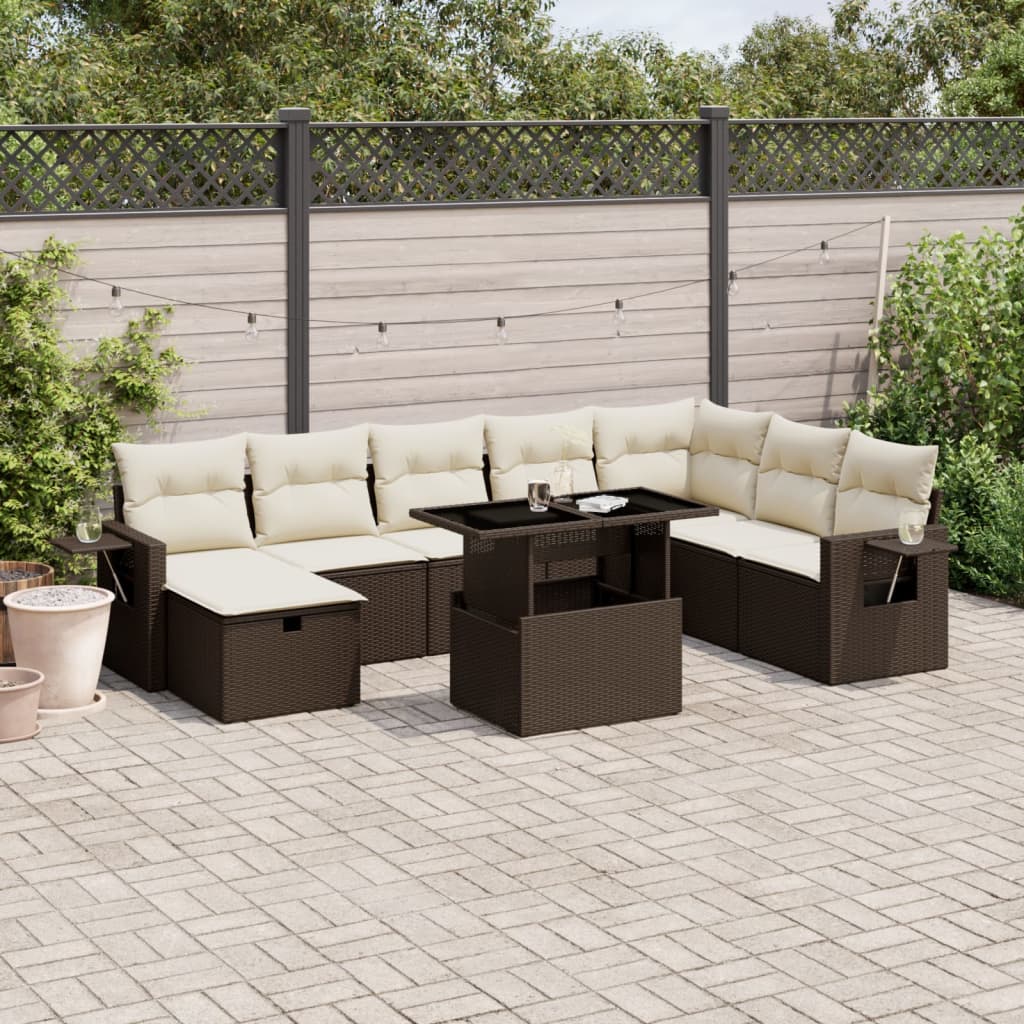 9-tlg. Garten-Sofagarnitur mit Kissen Braun Poly Rattan