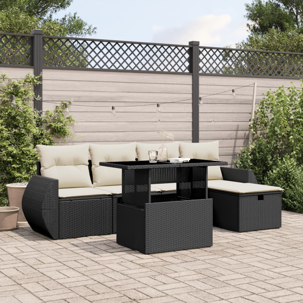 vidaXL 6-tlg. Garten-Sofagarnitur mit Kissen Schwarz Poly Rattan