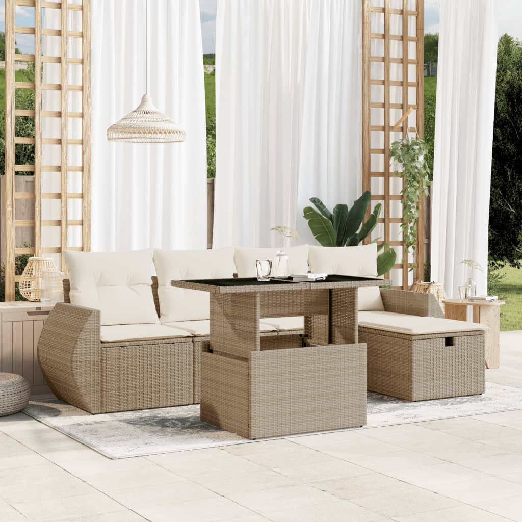 vidaXL 6-tlg. Garten-Sofagarnitur mit Kissen Beige Poly Rattan