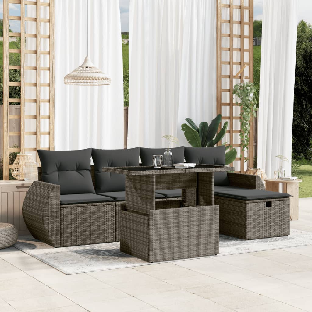 vidaXL 6-tlg. Garten-Sofagarnitur mit Kissen Grau Poly Rattan