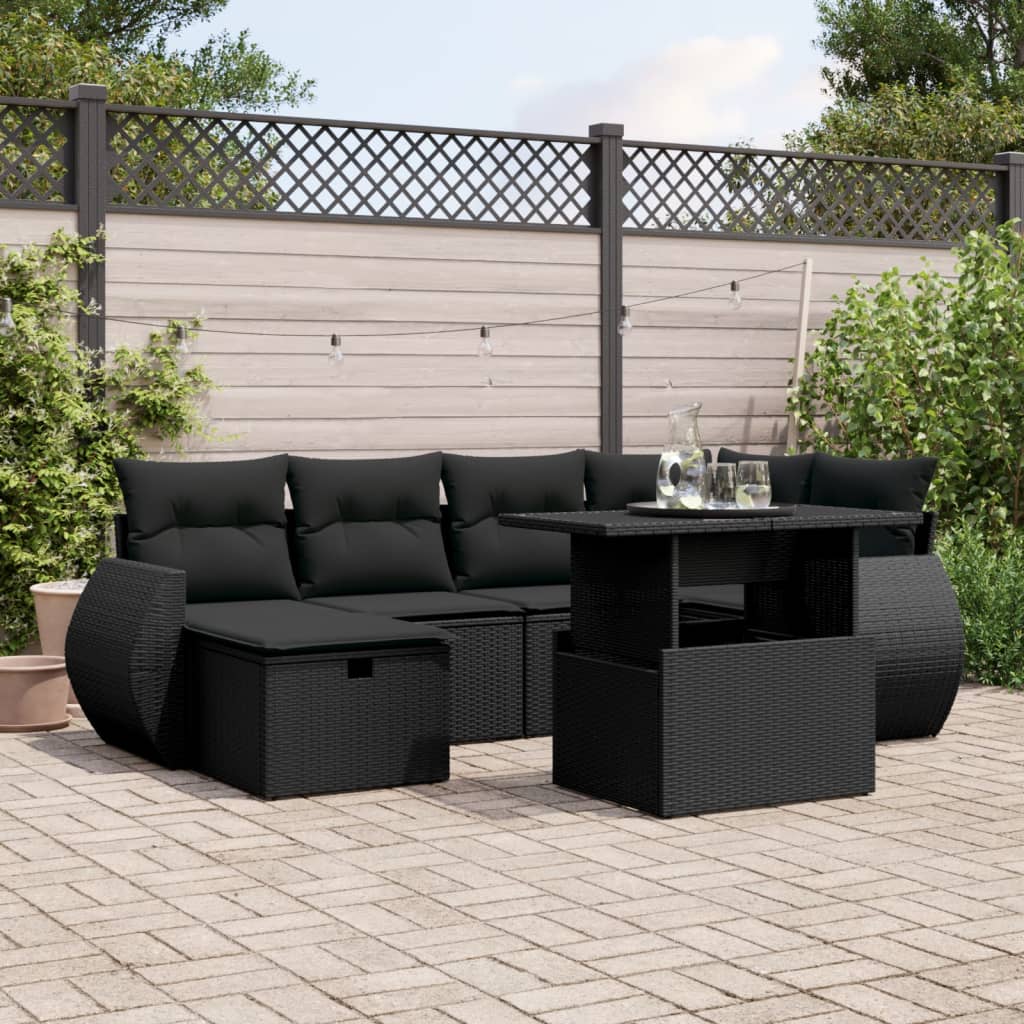 vidaXL 7-tlg. Garten-Sofagarnitur mit Kissen Schwarz Poly Rattan