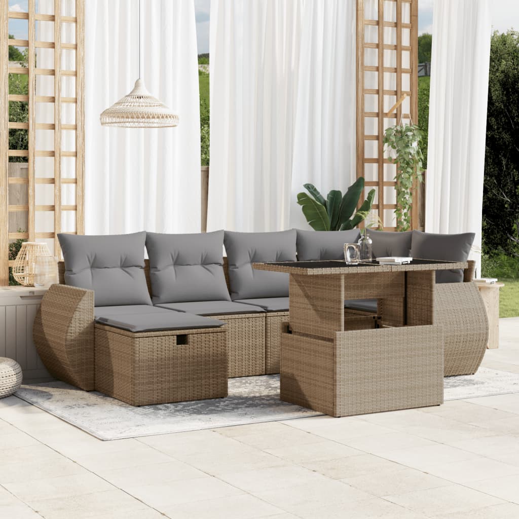 vidaXL 7-tlg. Garten-Sofagarnitur mit Kissen Beige Poly Rattan