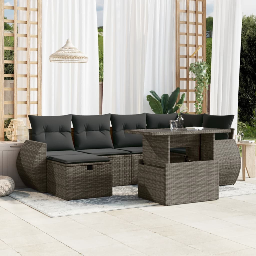 vidaXL 7-tlg. Garten-Sofagarnitur mit Kissen Grau Poly Rattan