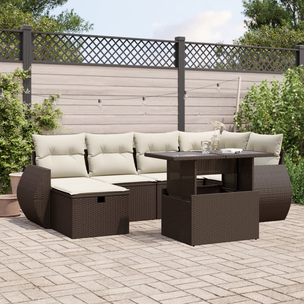 7-tlg. Garten-Sofagarnitur mit Kissen Braun Poly Rattan