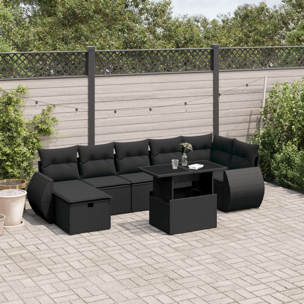 vidaXL 8-tlg. Garten-Sofagarnitur mit Kissen Schwarz Poly Rattan