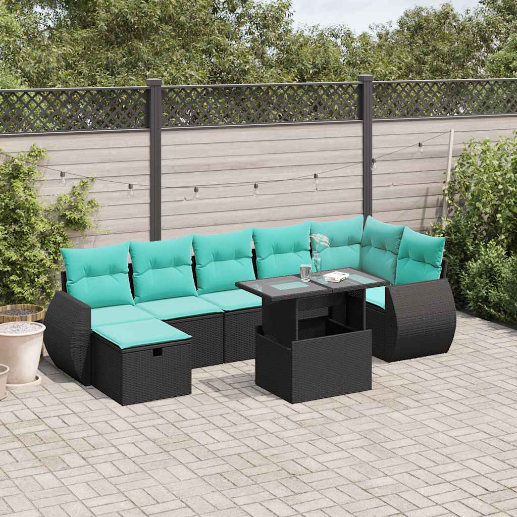vidaXL 8-teiliges Gartensofa-Set mit Kissen, schwarzes Polyrattan