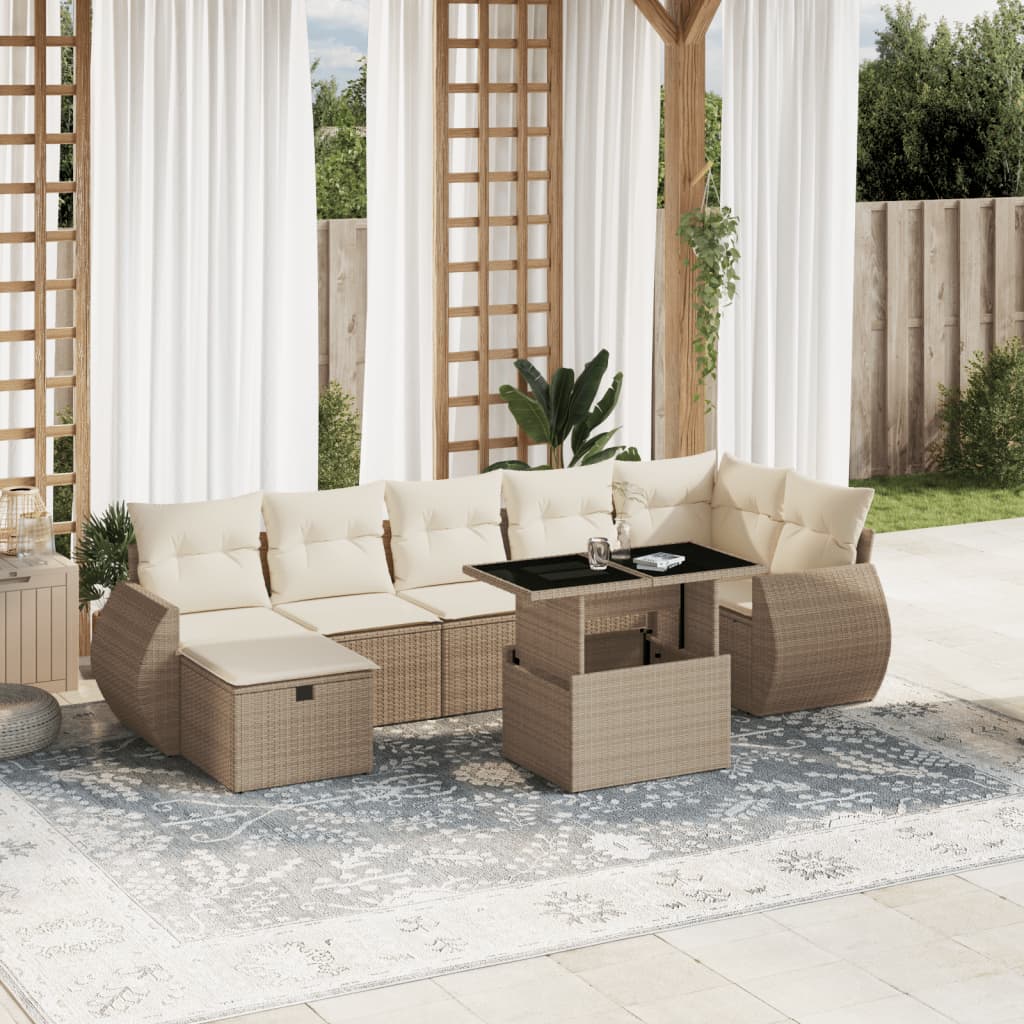 8-tlg. Garten-Sofagarnitur mit Kissen Beige Poly Rattan