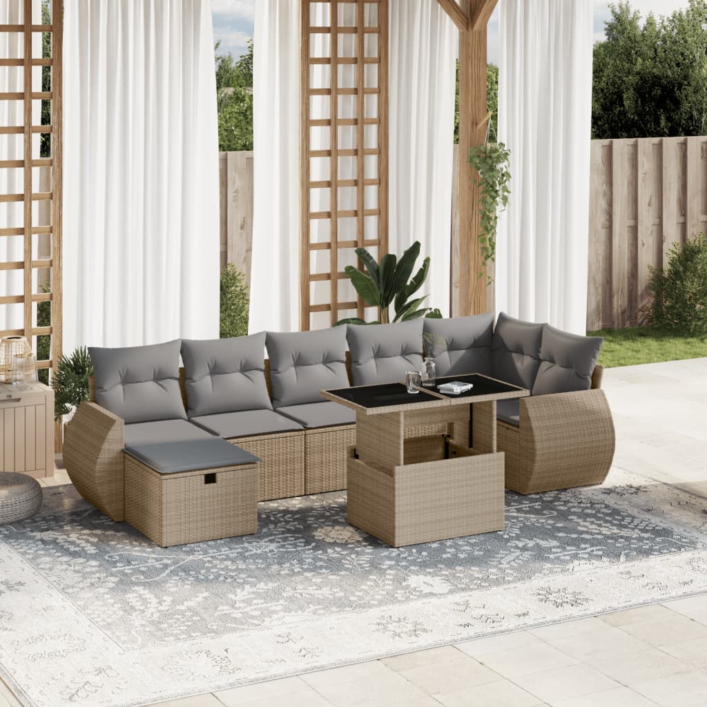 vidaXL 8-tlg. Garten-Sofagarnitur mit Kissen Beige Poly Rattan