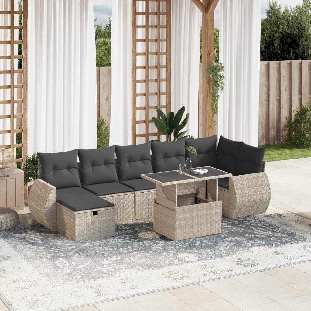 8-tlg. Garten-Sofagarnitur mit Kissen Hellgrau Poly Rattan